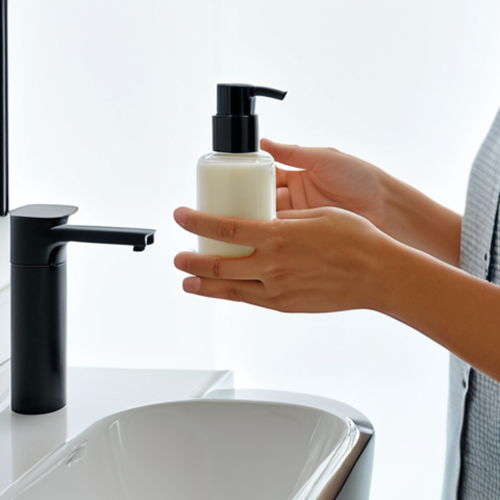A serene individual, fully clothed in comfortable, modest home attire, gently refilling a sleek, minimalist glass bottle of face cream from a smaller, well-designed refill pouch. The scene is set in a brightly lit, modern bathroom with clean, minimalist decor, conveying a calm and reflective atmosphere. Emphasizing perfect anatomy, correct proportions, natural pose, well-formed hands, proper finger count, natural body proportions, professional photography, high quality, safe for work, appropriate content, fully clothed, modest clothing, family-friendly.