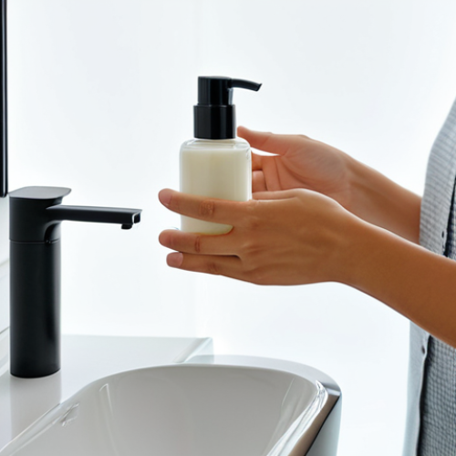 Home 14 A serene individual, fully clothed in comfortable, modest home attire, gently refilling a sleek, minimalist glass bottle of face cream from a smaller, well-designed refill pouch. The scene is set in a brightly lit, modern bathroom with clean, minimalist decor, conveying a calm and reflective atmosphere. Emphasizing perfect anatomy, correct proportions, natural pose, well-formed hands, proper finger count, natural body proportions, professional photography, high quality, safe for work, appropriate content, fully clothed, modest clothing, family-friendly.