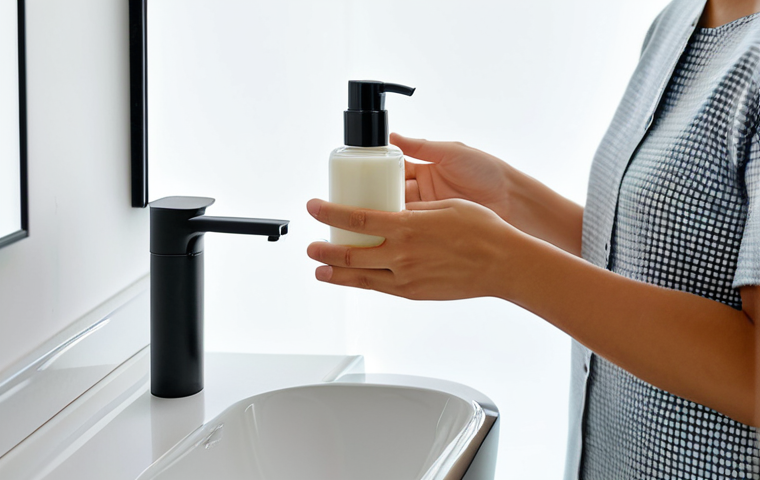 A serene individual, fully clothed in comfortable, modest home attire, gently refilling a sleek, minimalist glass bottle of face cream from a smaller, well-designed refill pouch. The scene is set in a brightly lit, modern bathroom with clean, minimalist decor, conveying a calm and reflective atmosphere. Emphasizing perfect anatomy, correct proportions, natural pose, well-formed hands, proper finger count, natural body proportions, professional photography, high quality, safe for work, appropriate content, fully clothed, modest clothing, family-friendly.