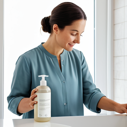 Home 7 A professional woman, fully clothed in a modest business casual outfit, gently pouring a beauty product from a sleek, flexible refill pouch into an elegant, reusable glass bottle. The setting is a bright, clean, minimalist bathroom with soft natural light. The atmosphere is serene, emphasizing mindful consumption and environmental care. perfect anatomy, correct proportions, natural pose, well-formed hands, proper finger count, natural body proportions, professional photography, high quality, studio lighting, soft focus background, safe for work, appropriate content, fully clothed, modest, family-friendly.