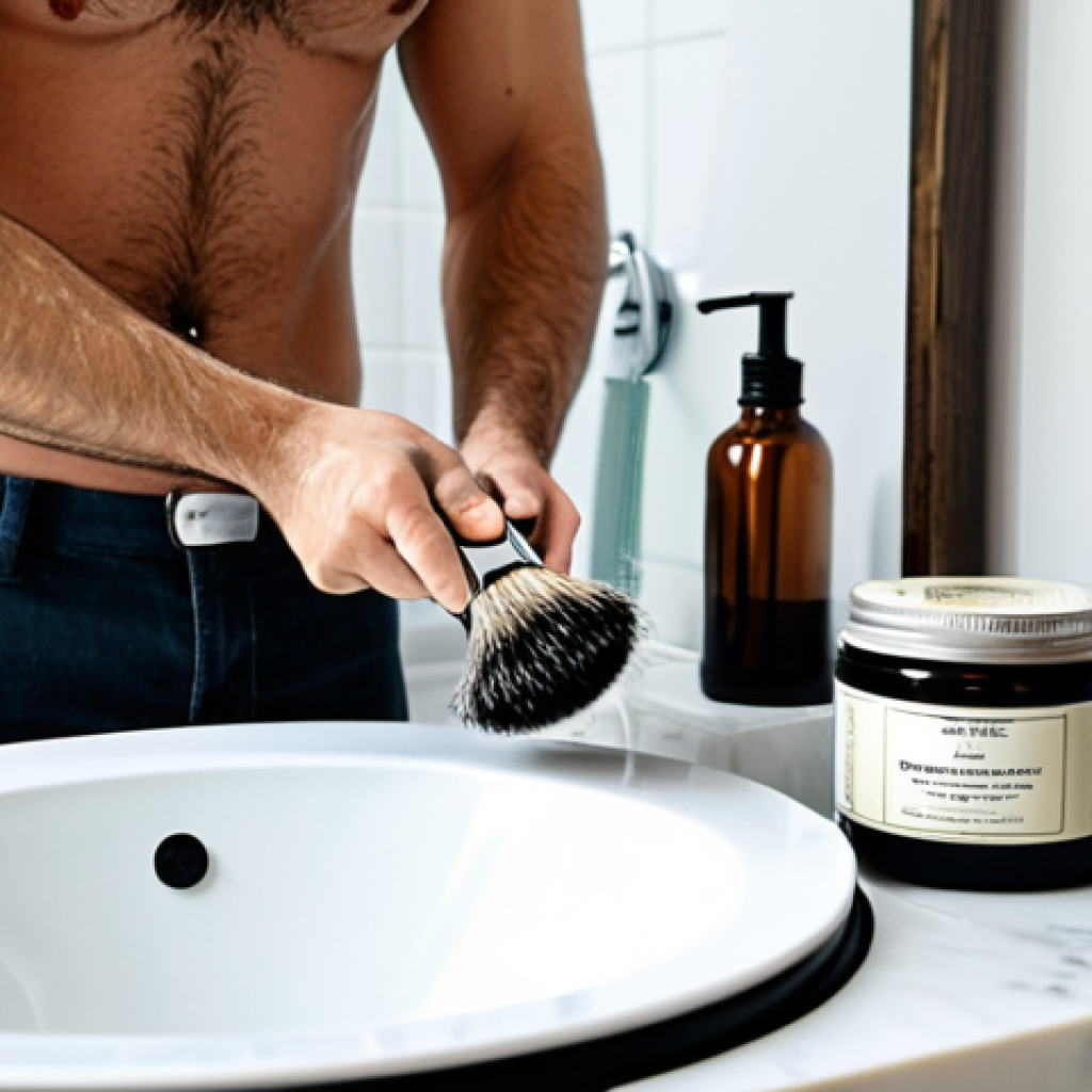 **
A modern man in a bright, minimalist bathroom shaving with a classic safety razor. He's using a badger hair brush to apply lather from a ceramic bowl of artisanal shaving soap. Refillable glass bottles of pre-shave oil and natural moisturizer are visible. The scene emphasizes clean, eco-friendly practices. Safe for work, appropriate content, fully clothed, professional, perfect anatomy, natural proportions.
**