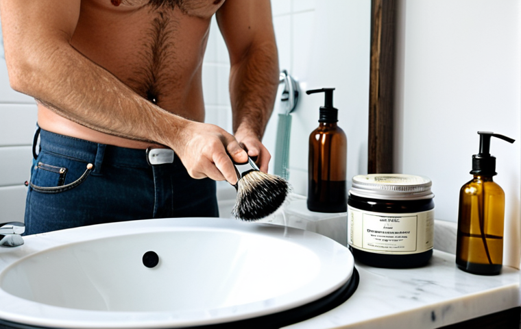 **

A modern man in a bright, minimalist bathroom shaving with a classic safety razor. He's using a badger hair brush to apply lather from a ceramic bowl of artisanal shaving soap. Refillable glass bottles of pre-shave oil and natural moisturizer are visible. The scene emphasizes clean, eco-friendly practices. Safe for work, appropriate content, fully clothed, professional, perfect anatomy, natural proportions.

**