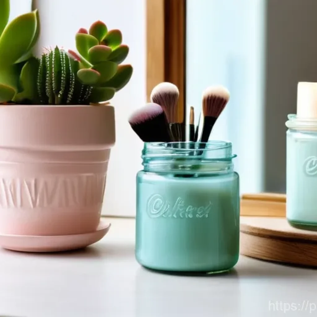 리필 화장품을 활용한 DIY 팁 - **Prompt: Creative Upcycling of Cosmetic Containers**
"A bright, inviting scene on a sunlit wood...