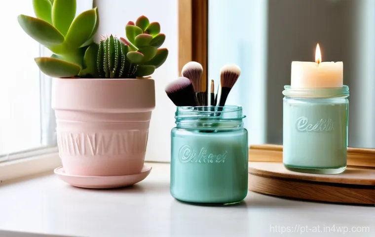 리필 화장품을 활용한 DIY 팁 - **Prompt: Creative Upcycling of Cosmetic Containers**
    "A bright, inviting scene on a sunlit wood...