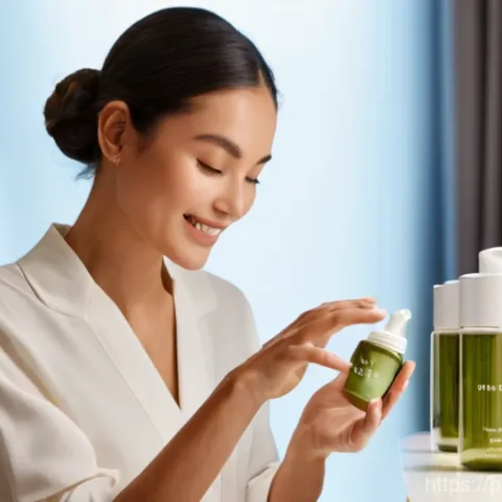 리필 화장품과 지속 가능한 패션 - **Sustainable Beauty Ritual: The Art of Refilling**
    A serene and elegant image of a young woman ...