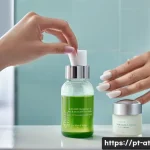 Home 21 리필 가능한 스킨케어 루틴 만들기 - **Prompt:** A close-up, brightly lit shot of a woman's hands carefully pouring a concentrated skinca...