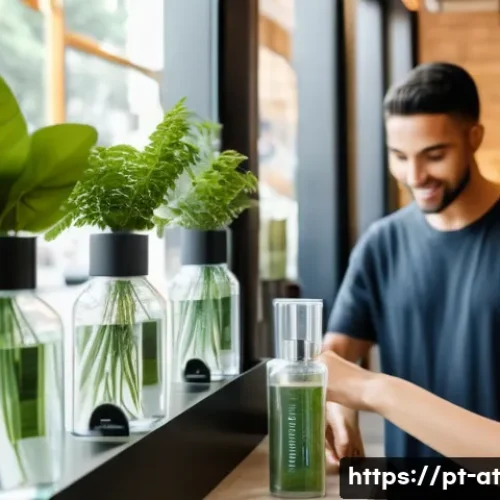 Home 32 리필 화장품의 환경적 영향 평가 - A modern eco-friendly cosmetic refill station inside a stylish Brazilian boutique, featuring transpa...