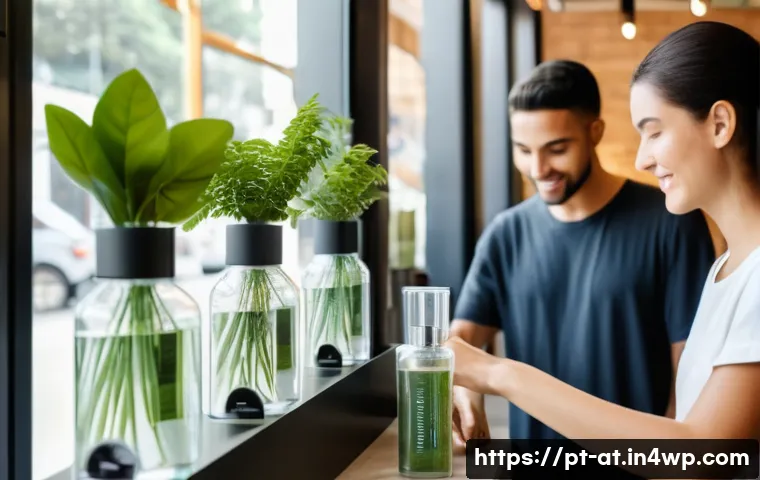 리필 화장품의 환경적 영향 평가 - A modern eco-friendly cosmetic refill station inside a stylish Brazilian boutique, featuring transpa...
