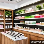 Home 19 리필 화장품의 트렌드 변화와 응답 - A modern Brazilian beauty store interior showcasing a wide variety of sustainable refill cosmetic pr...