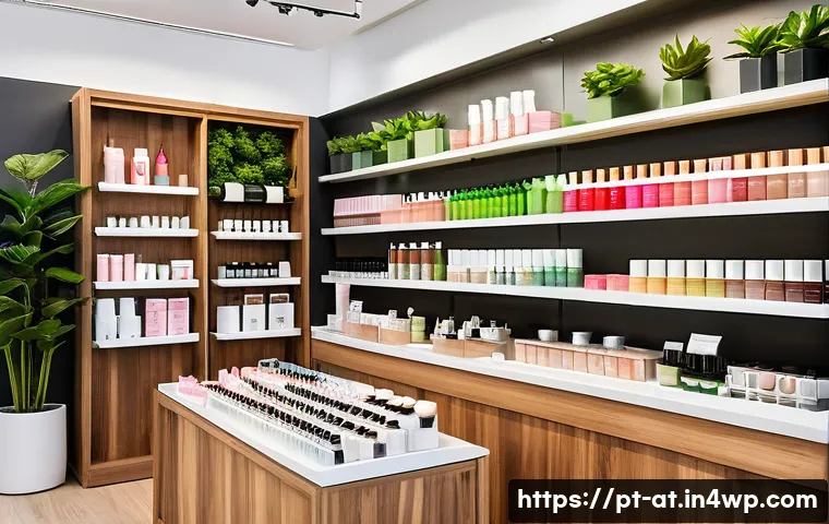 리필 화장품의 트렌드 변화와 응답 - A modern Brazilian beauty store interior showcasing a wide variety of sustainable refill cosmetic pr...